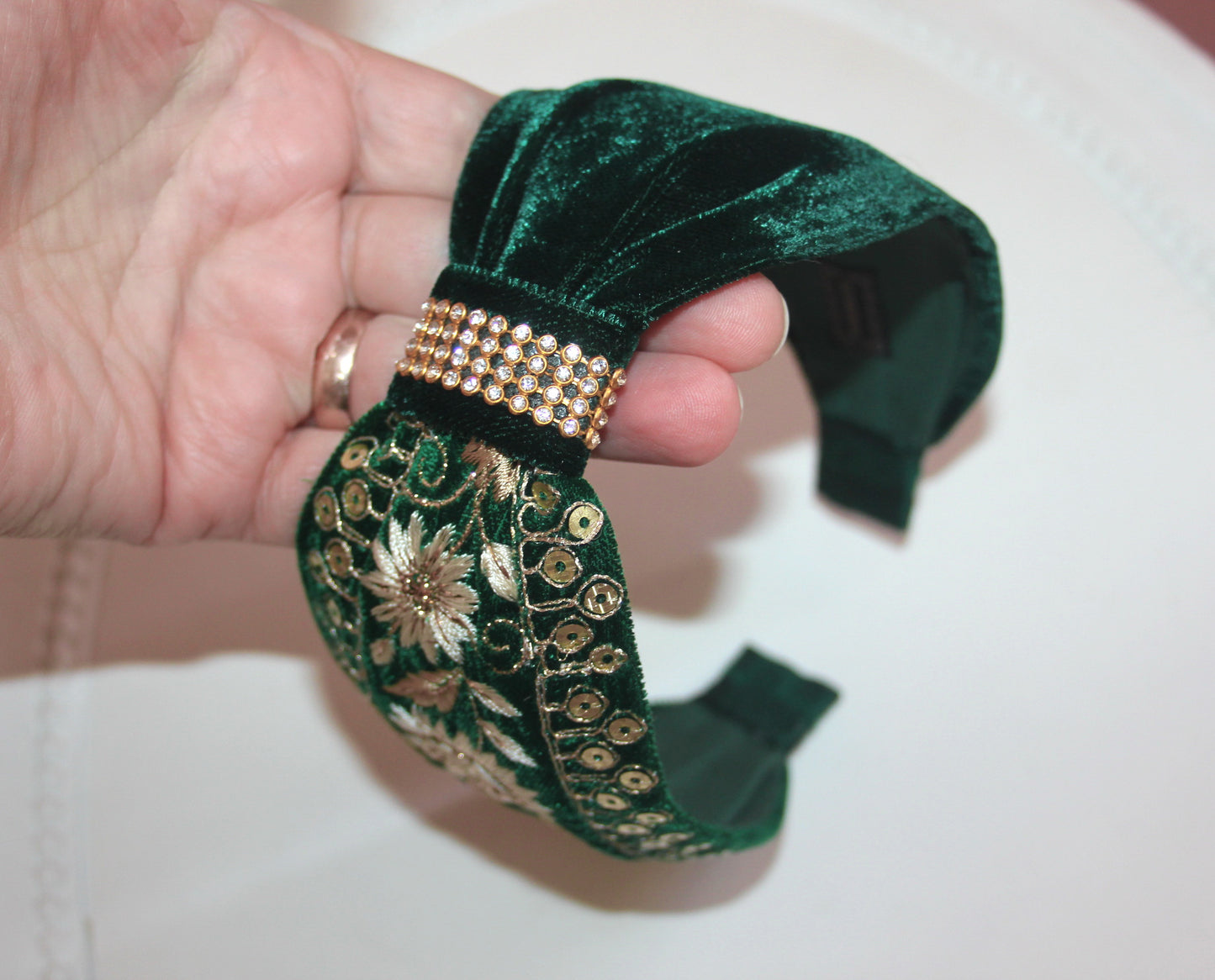 Embroidered headband Dark Green & Gold silk velvet hairband, plastic free