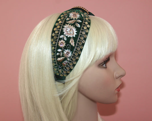 Embroidered headband Dark Green & Gold silk velvet hairband, plastic free
