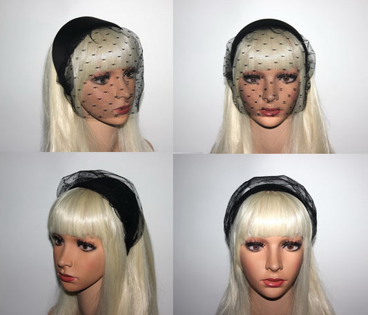 Raw Silk headband with veil, Handmade Black hair scarf, funeral, festive, party, plastic free