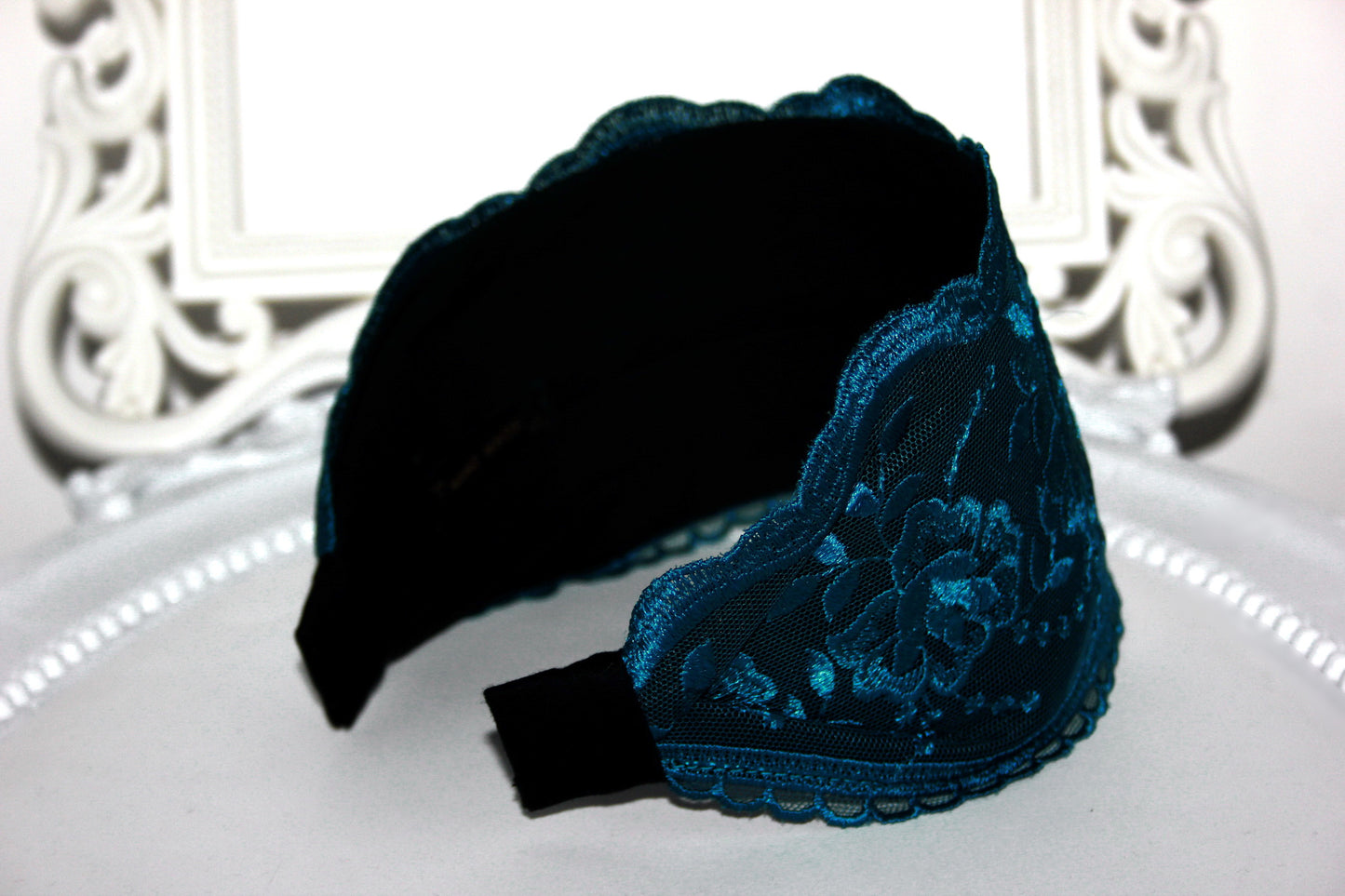 Embroidered 4 inches headband Petrol Blue hairband scarf Bohemian headpiece for women