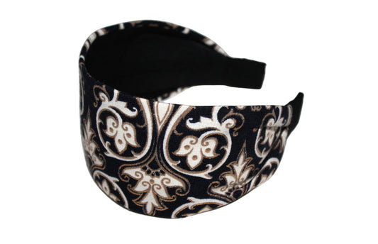 Wide headband women Dark Blue Damask pattern fabric head scarf