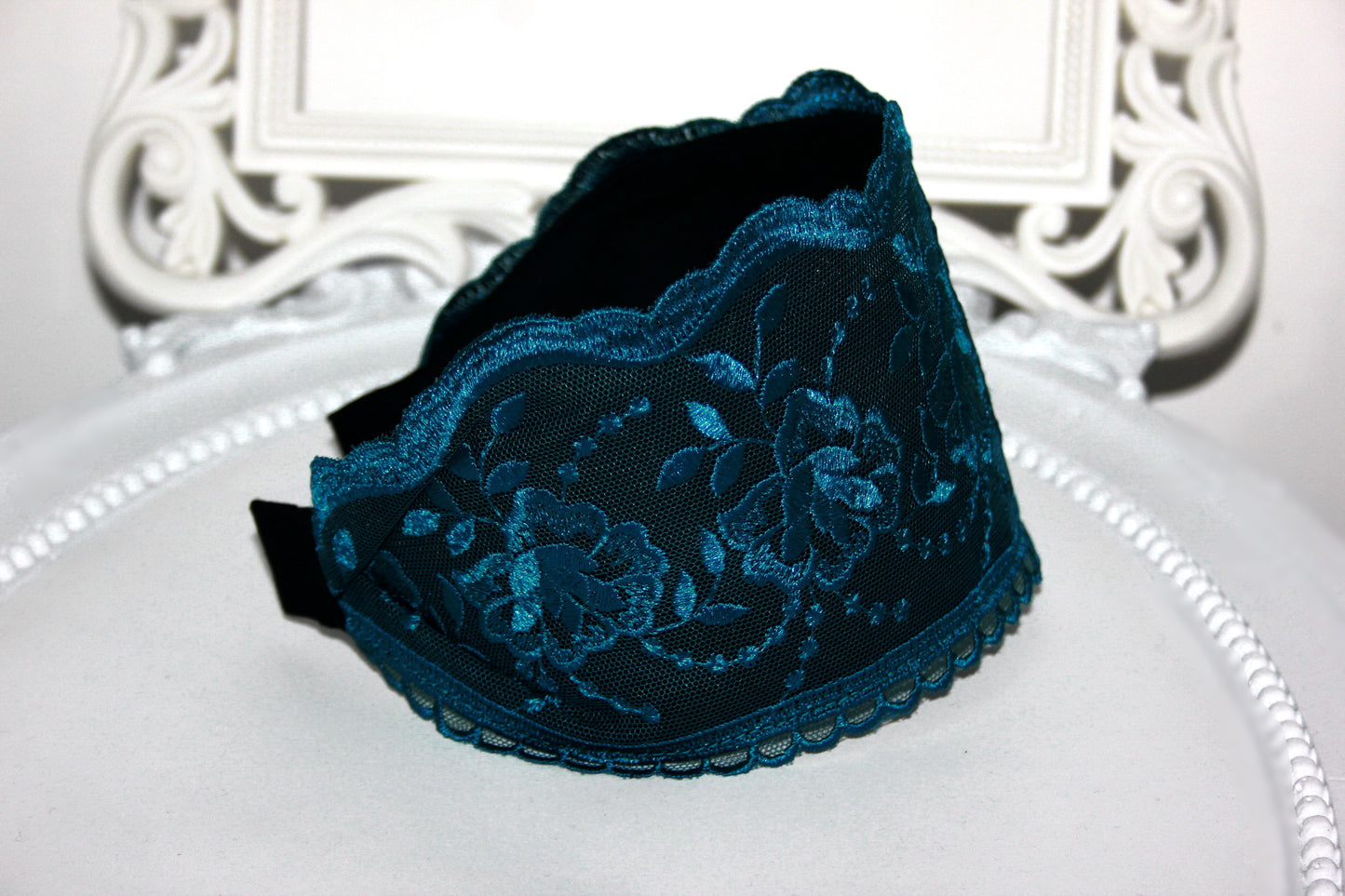 Embroidered 4 inches headband Petrol Blue hairband scarf Bohemian headpiece for women