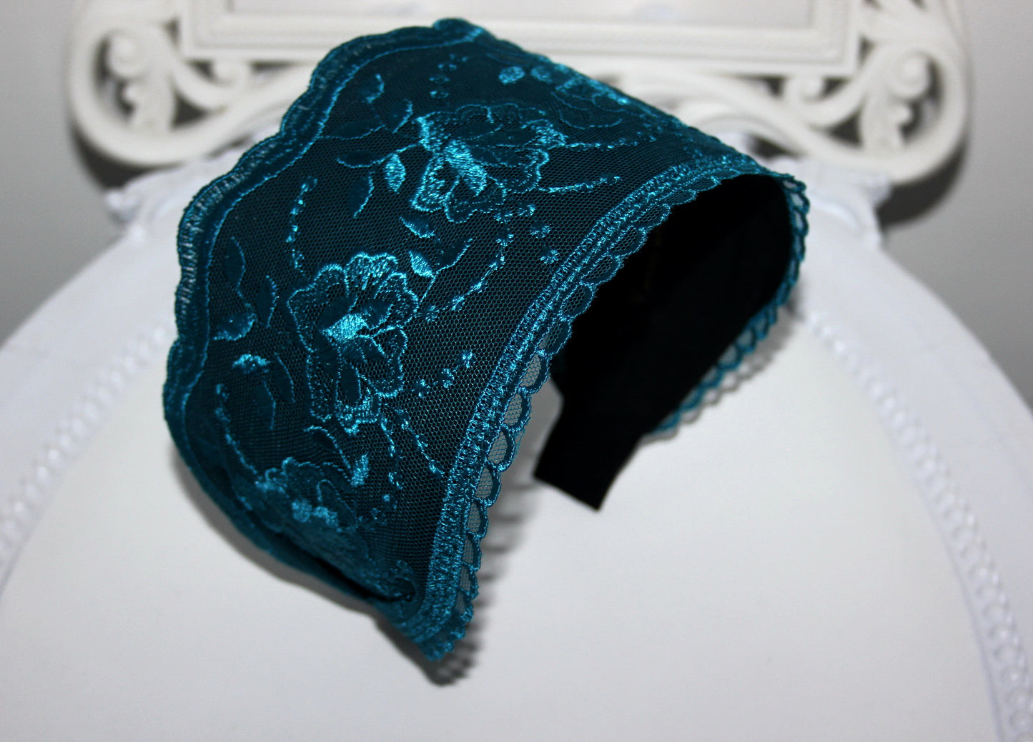 Embroidered 4 inches headband Petrol Blue hairband scarf Bohemian headpiece for women