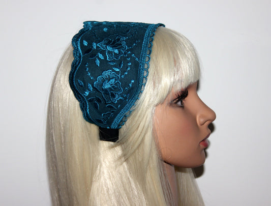 Embroidered 4 inches headband Petrol Blue hairband scarf Bohemian headpiece for women