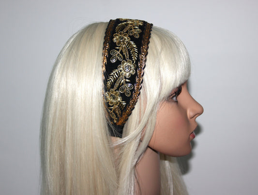 Black & Gold velvet head band 2.3" inches Embroidered hairband