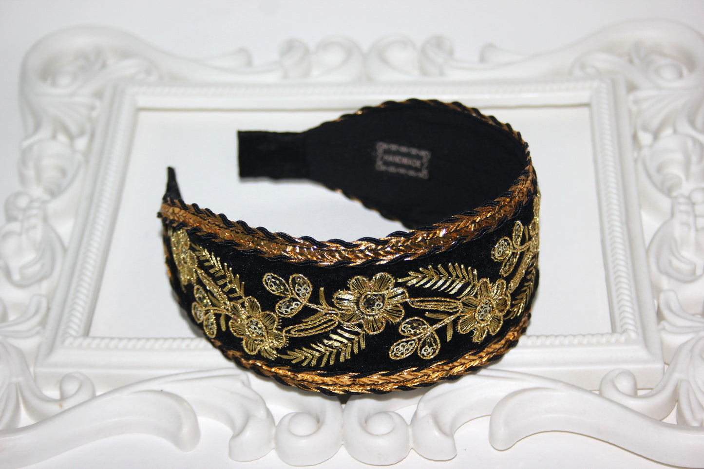 Black & Gold velvet head band 2.3" inches Embroidered hairband