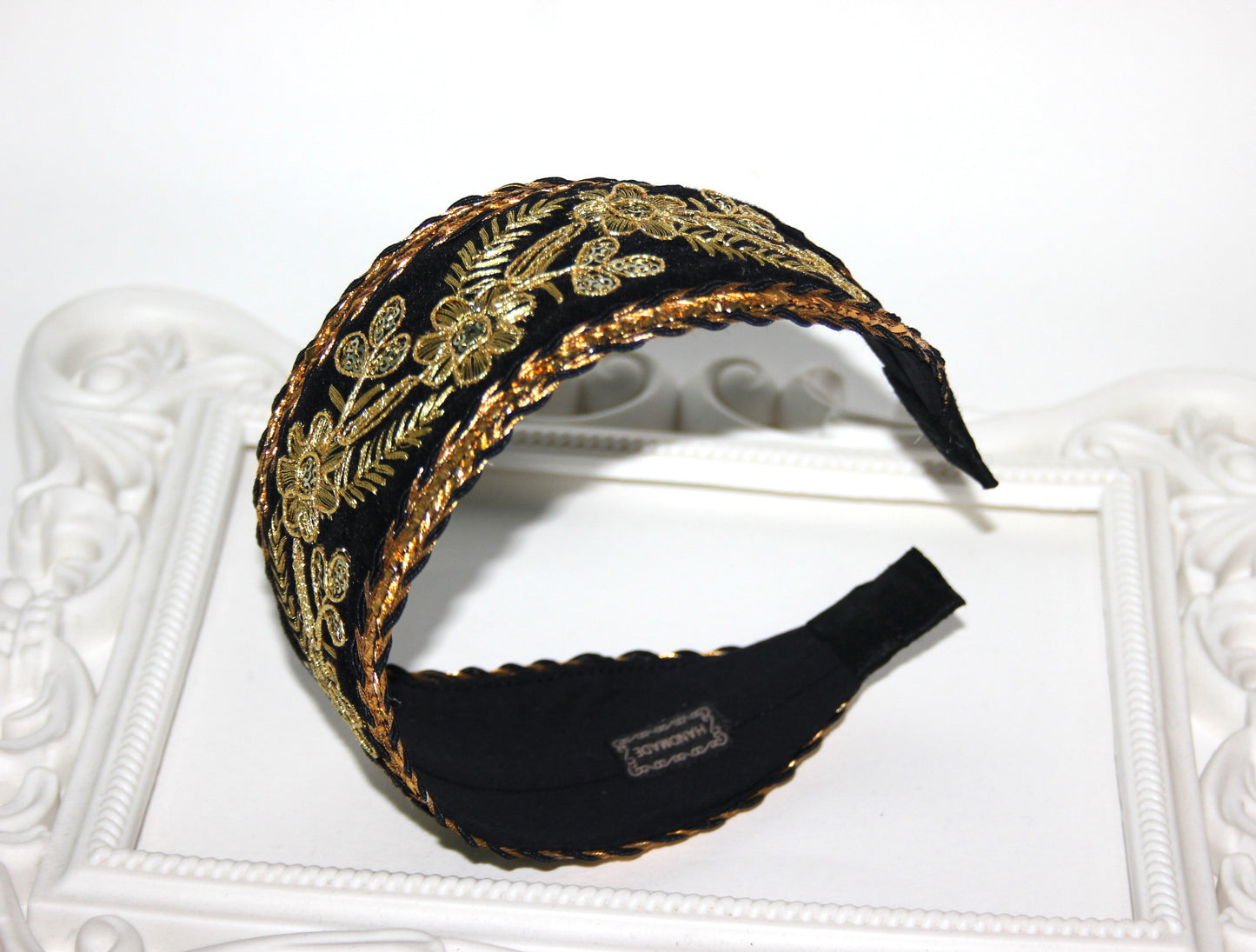 Black & Gold velvet head band 2.3" inches Embroidered hairband