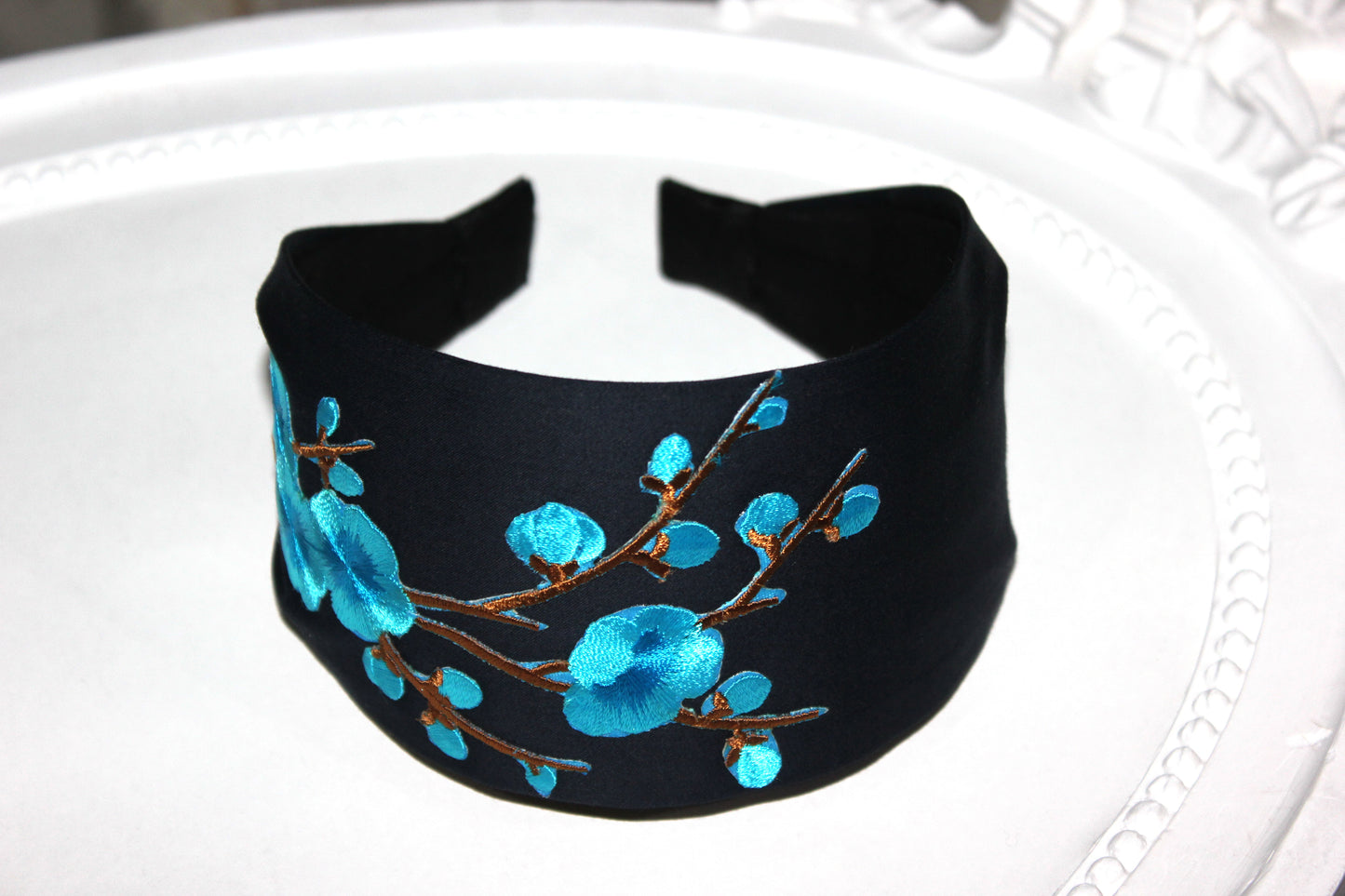 Embroidered flower headband Dark Blue Blossom sakura hairband scarf