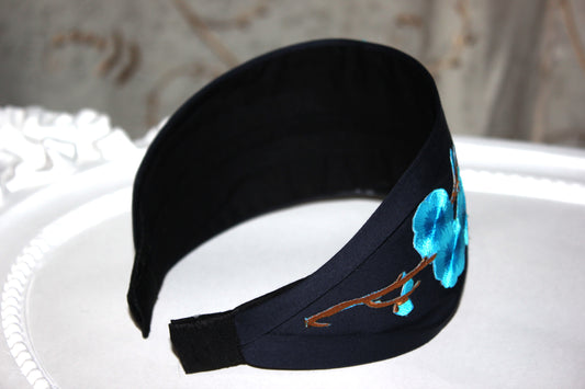 Embroidered flower headband Dark Blue Blossom sakura hairband scarf