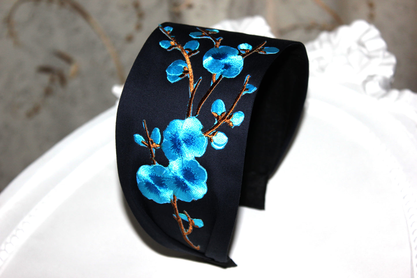Embroidered flower headband Dark Blue Blossom sakura hairband scarf
