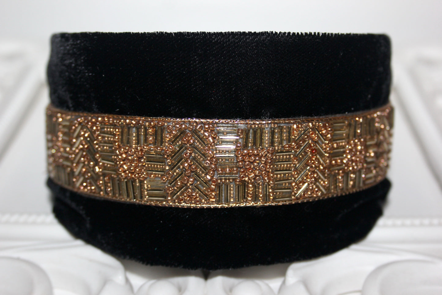 Black velvet headband Gold beaded head scarf