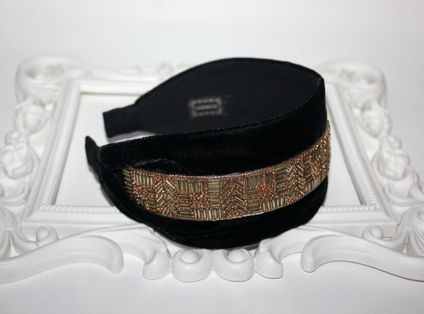 Black velvet headband Gold beaded head scarf
