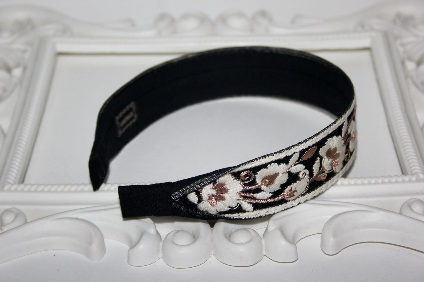 Boho thin headband for women 1.2"inches Embroidered flower flat hairband