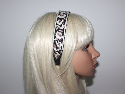 Boho thin headband for women 1.2"inches Embroidered flower flat hairband