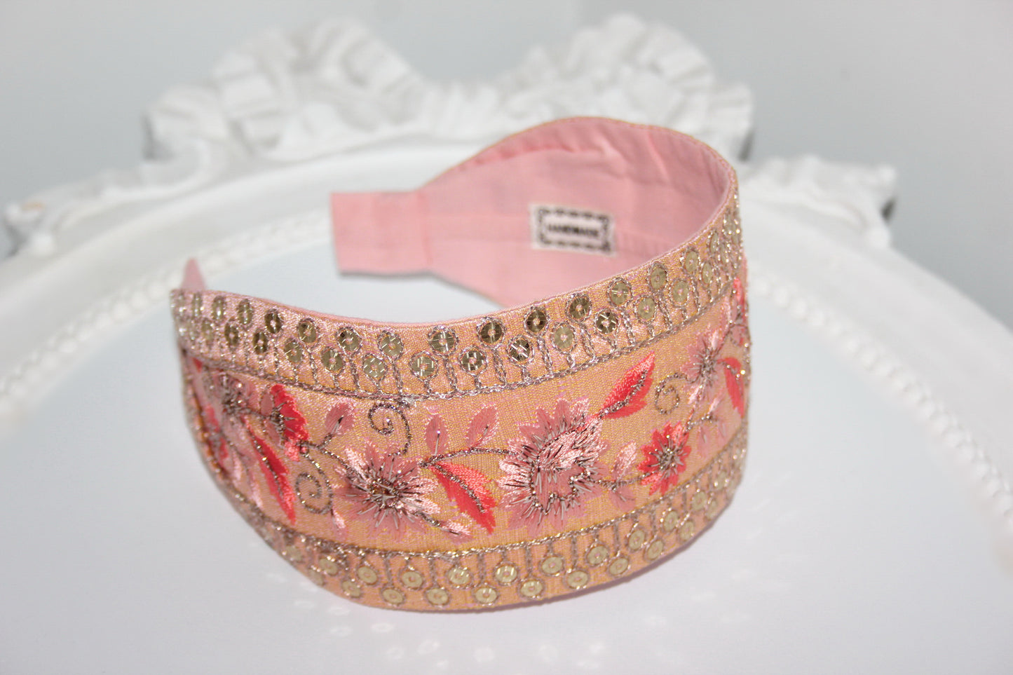 Fashion peach silk headbands for women Embroidered 3" inch sequin hairband