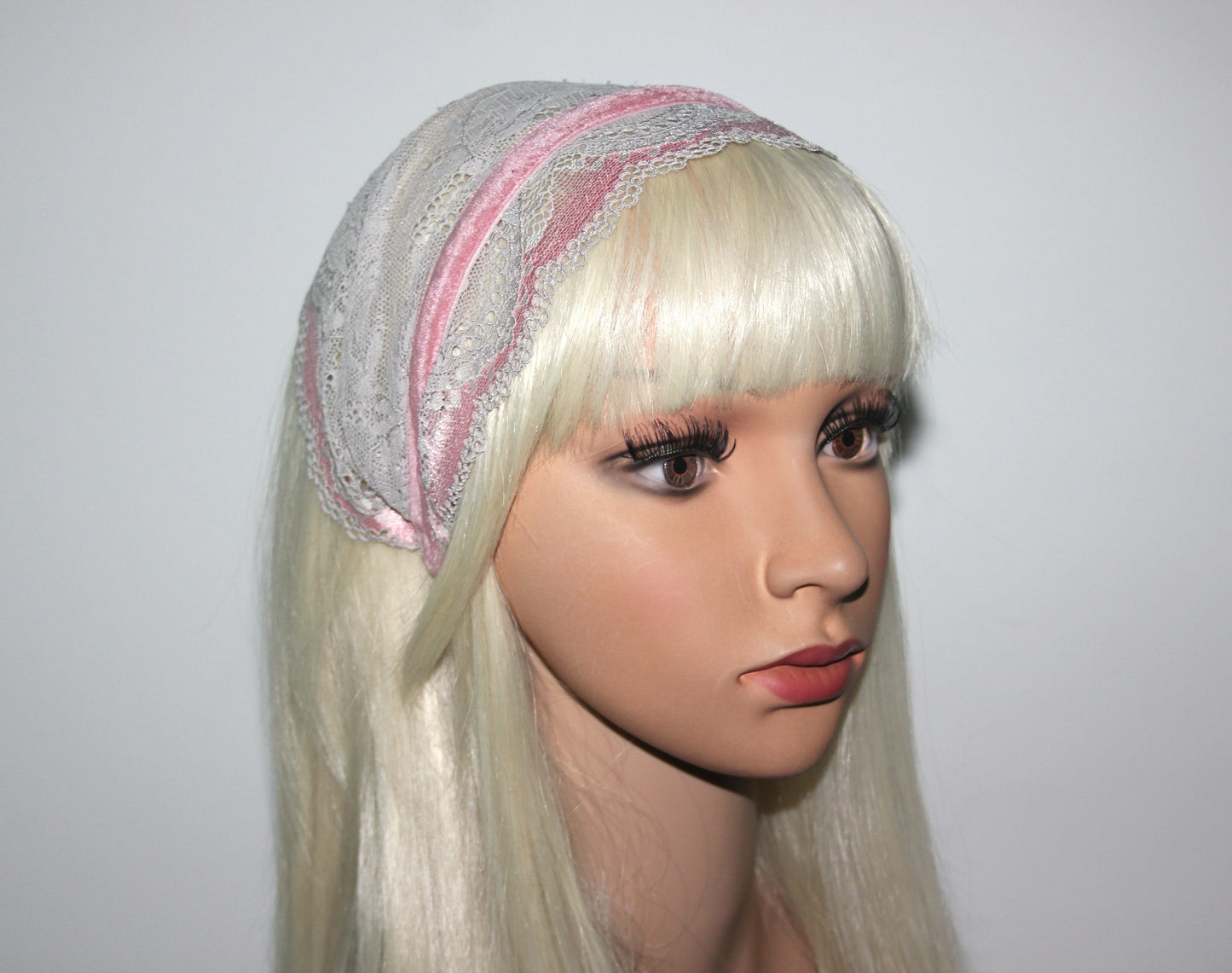 Christian head cover 7"inch Pink & Gray lace headband Structured church head scarf, plastic free