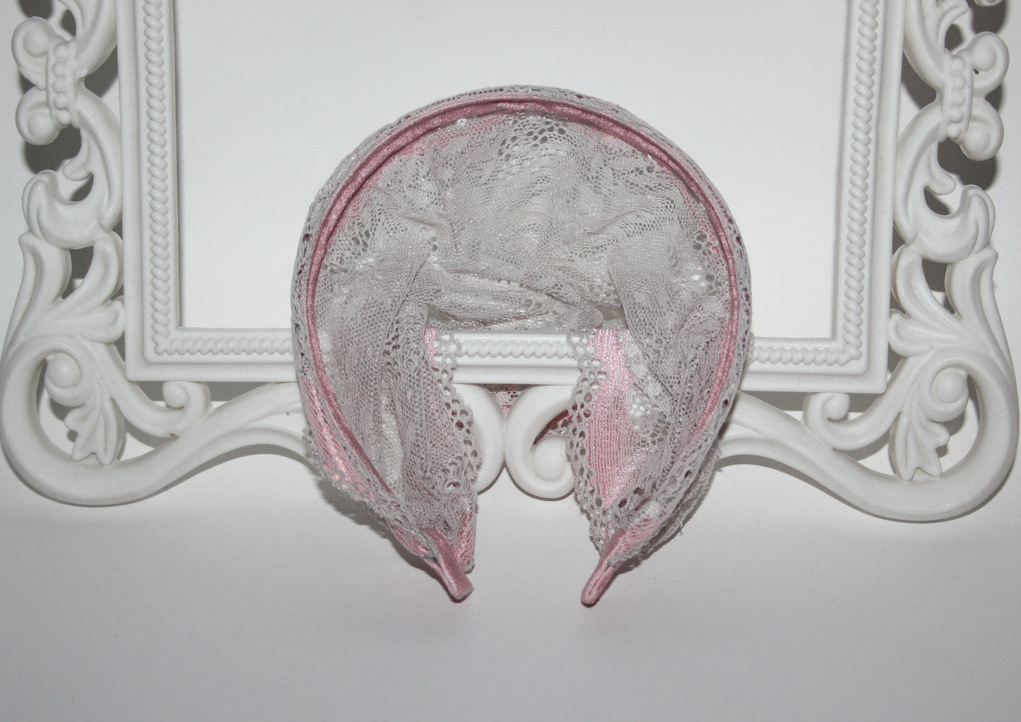 Christian head cover 7"inch Pink & Gray lace headband Structured church head scarf, plastic free