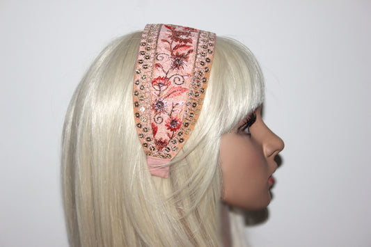 Fashion peach silk headbands for women Embroidered 3" inch sequin hairband