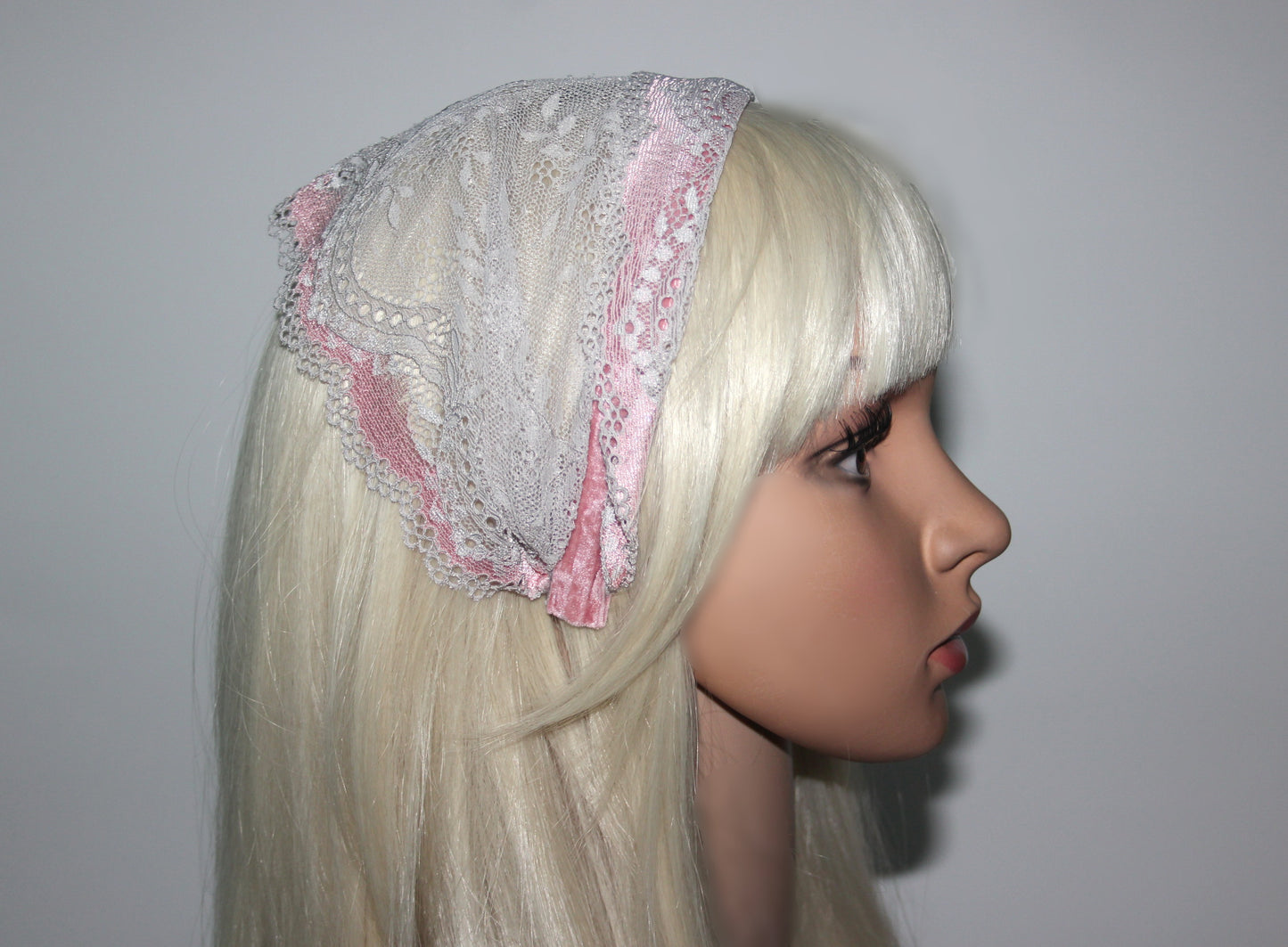 Christian head cover 7"inch Pink & Gray lace headband Structured church head scarf, plastic free
