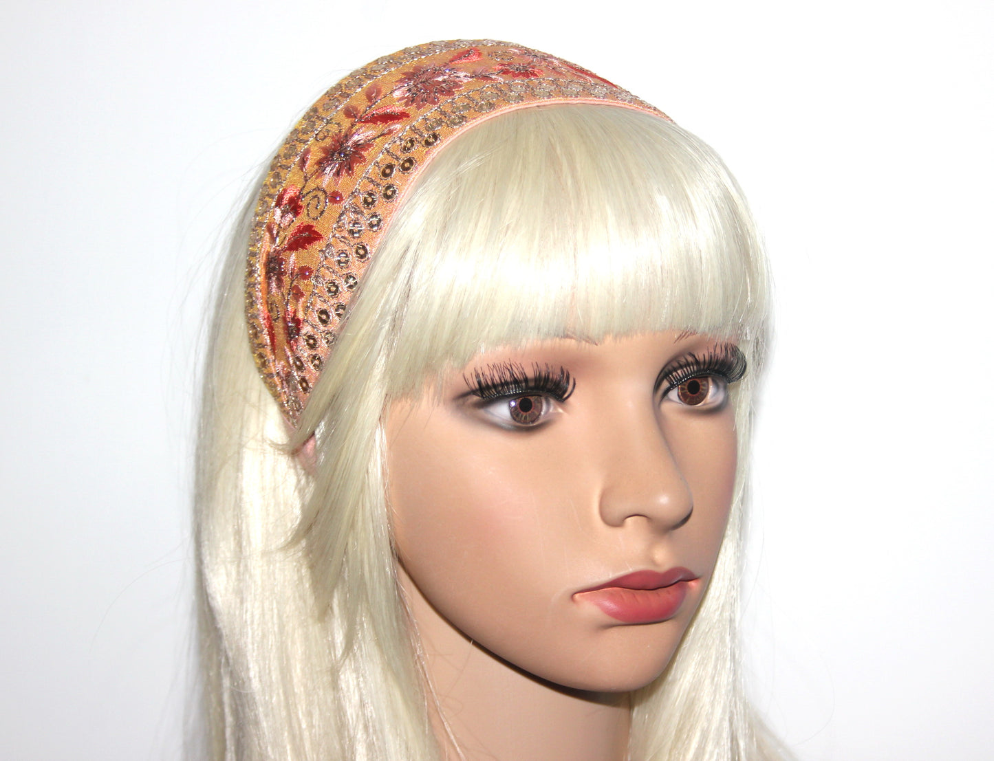 Fashion peach silk headbands for women Embroidered 3" inch sequin hairband