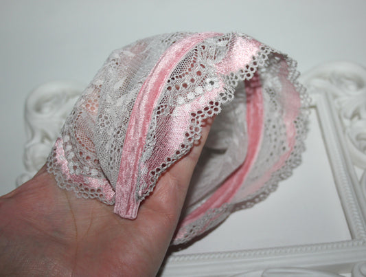 Christian head cover 7"inch Pink & Gray lace headband Structured church head scarf, plastic free