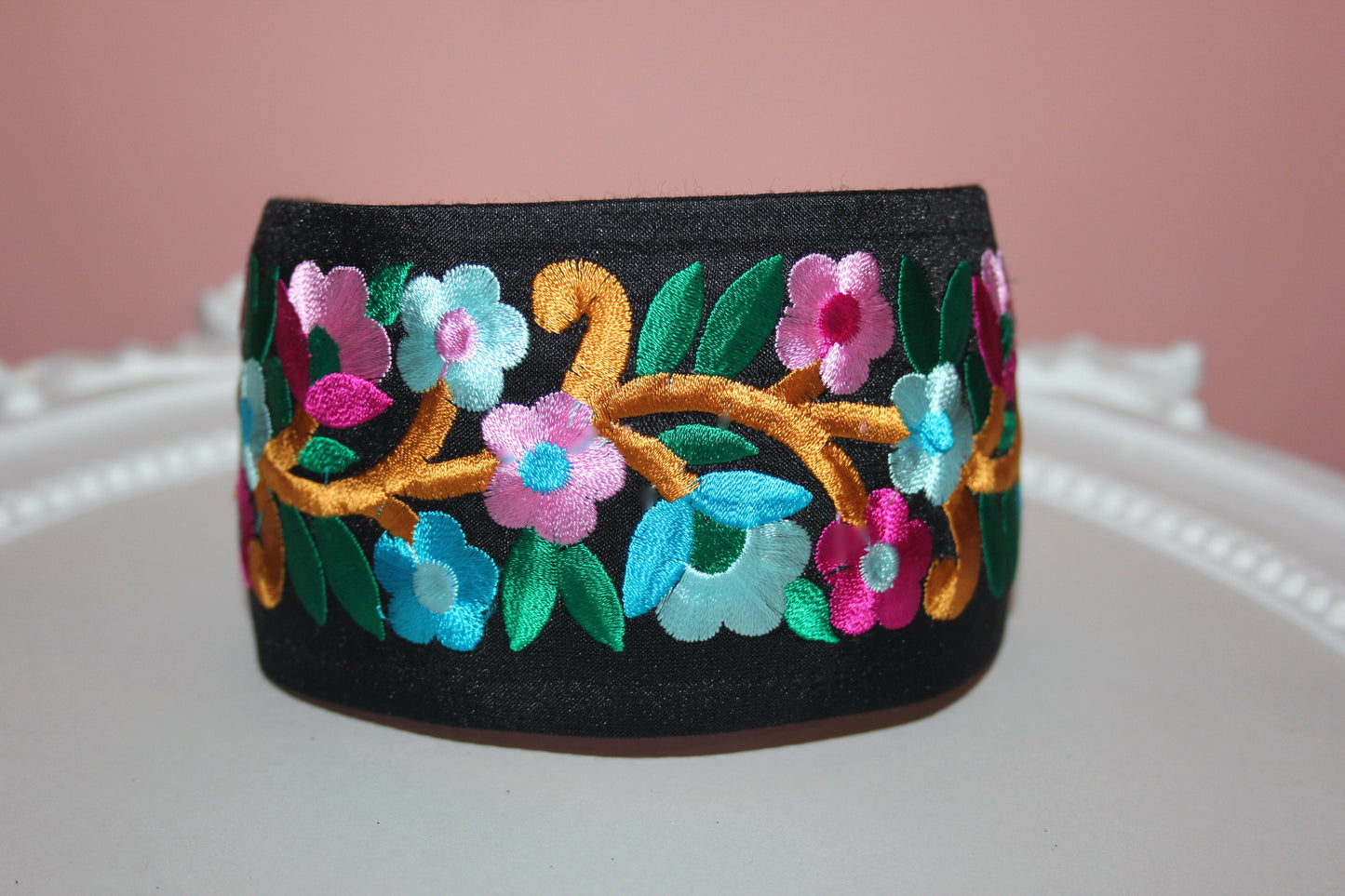 Wide headband women 2.75" inch embroidery black/ turquoise/ blue/ lilac floral hairband