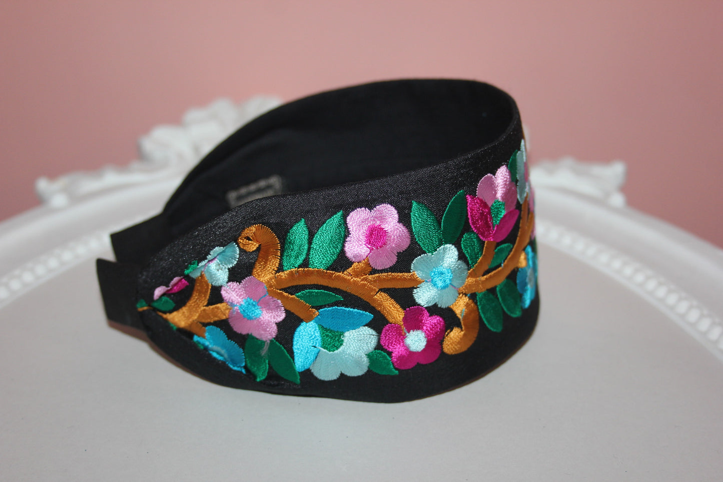 Wide headband women 2.75" inch embroidery black/ turquoise/ blue/ lilac floral hairband