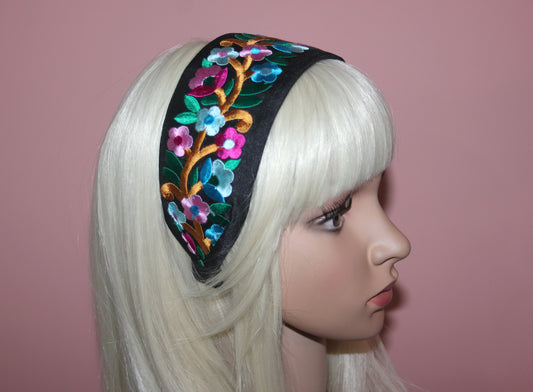 Wide headband women 2.75" inch embroidery black/ turquoise/ blue/ lilac floral hairband