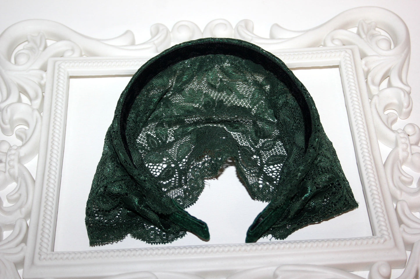 Dark Green prayer headband 7.2"inch Christian lace head covering Structured religious head cover, plastic free