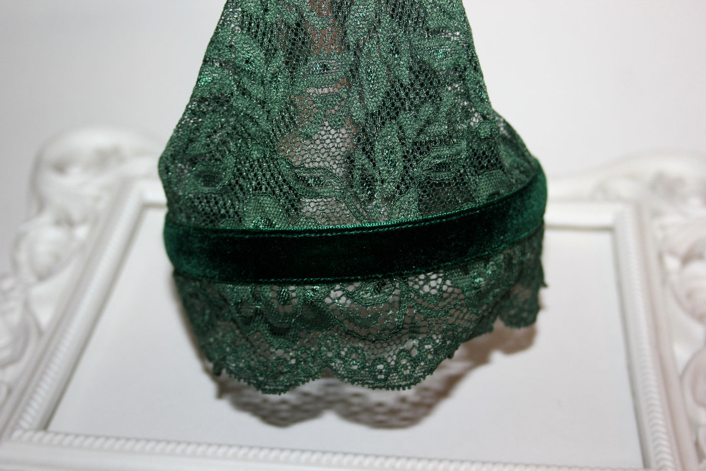 Dark Green prayer headband 7.2"inch Christian lace head covering Structured religious head cover, plastic free