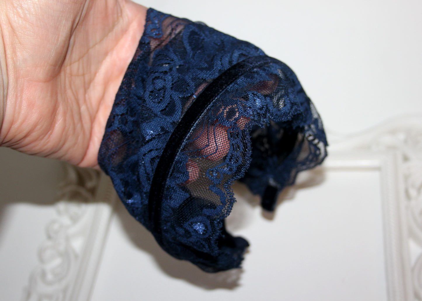 Dark Blue lace headband Christian veil Structured head cover, 7.2"inch, plastic free hairband