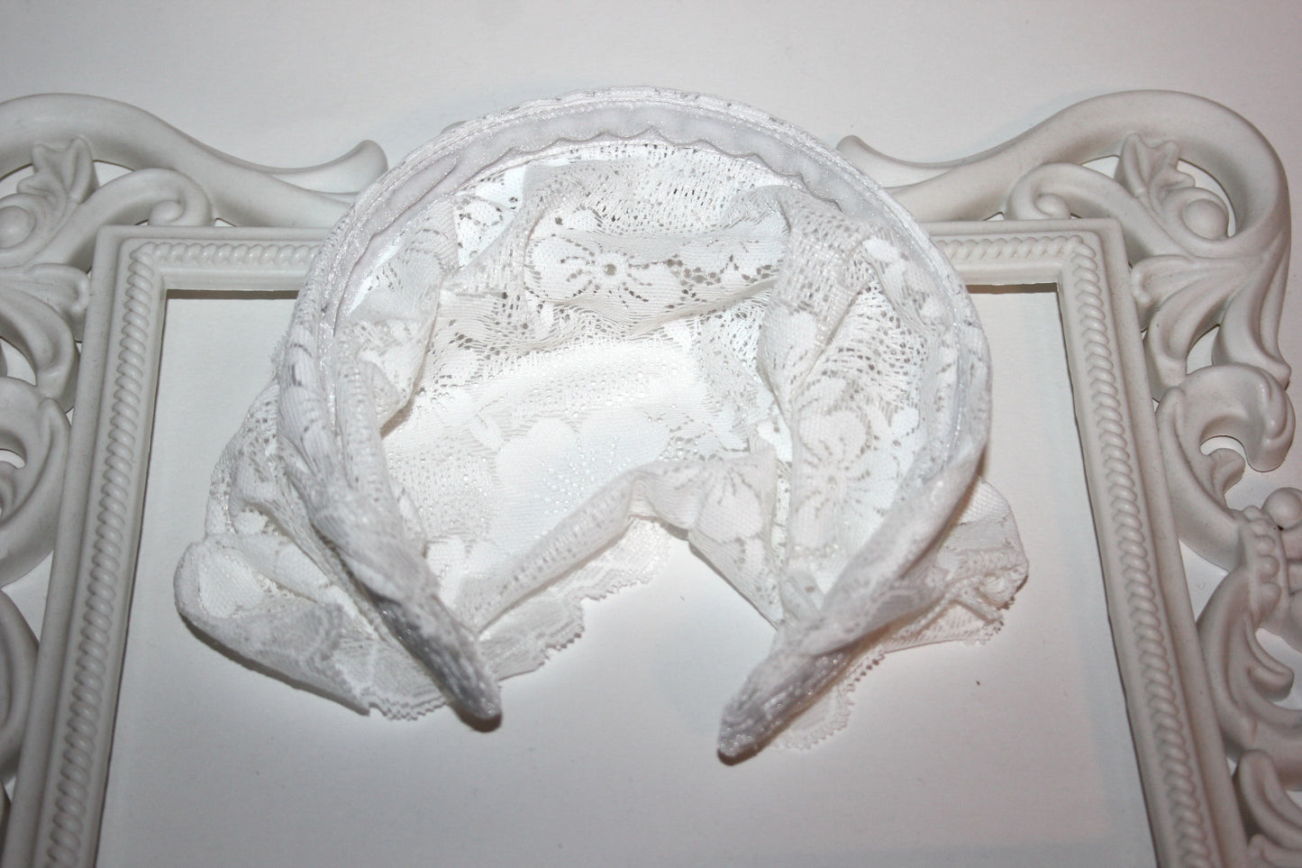 Off White prayer headband 9"inch Christian lace head covering Structured religious head cover, plastic free