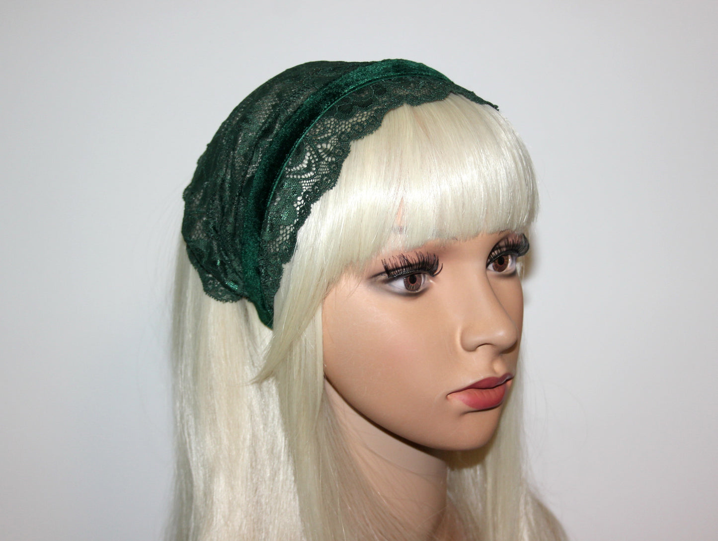 Dark Green prayer headband 7.2"inch Christian lace head covering Structured religious head cover, plastic free