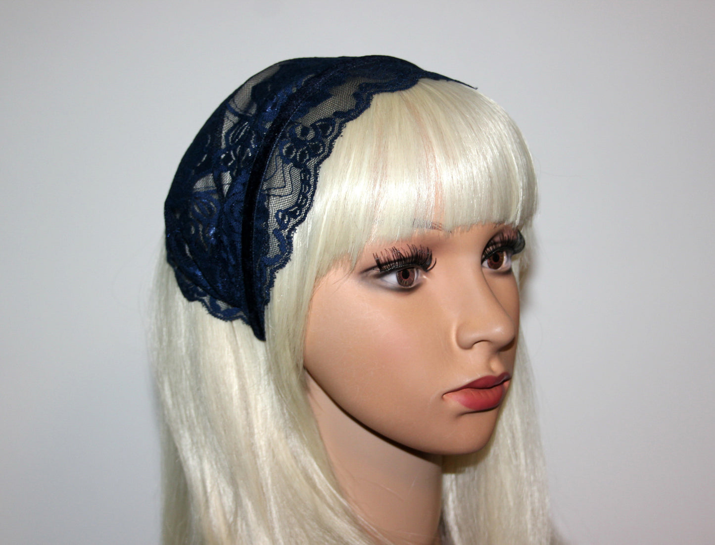 Dark Blue lace headband Christian veil Structured head cover, 7.2"inch, plastic free hairband