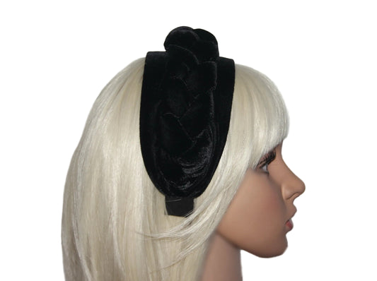 Wide black headband Braided silk velvet hairband Modern braid headwrap