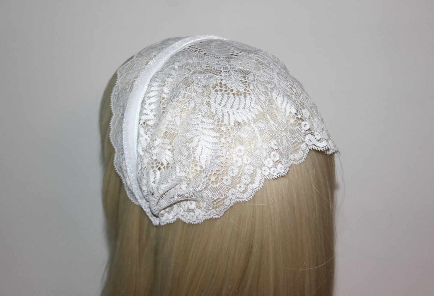 Christian head covering 7" inch Prayer lace headband White religious head cover plastic free