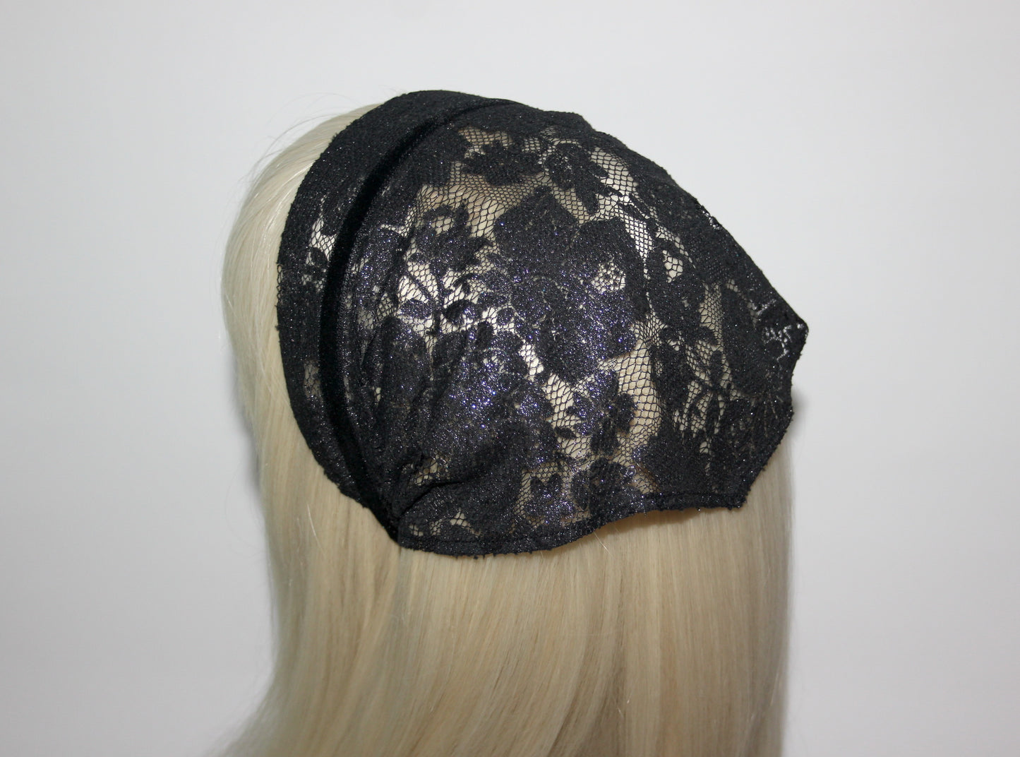 Lace kerchief 7.5"inch Black & Silver chapel little mantilla Christian headcover, plastic free