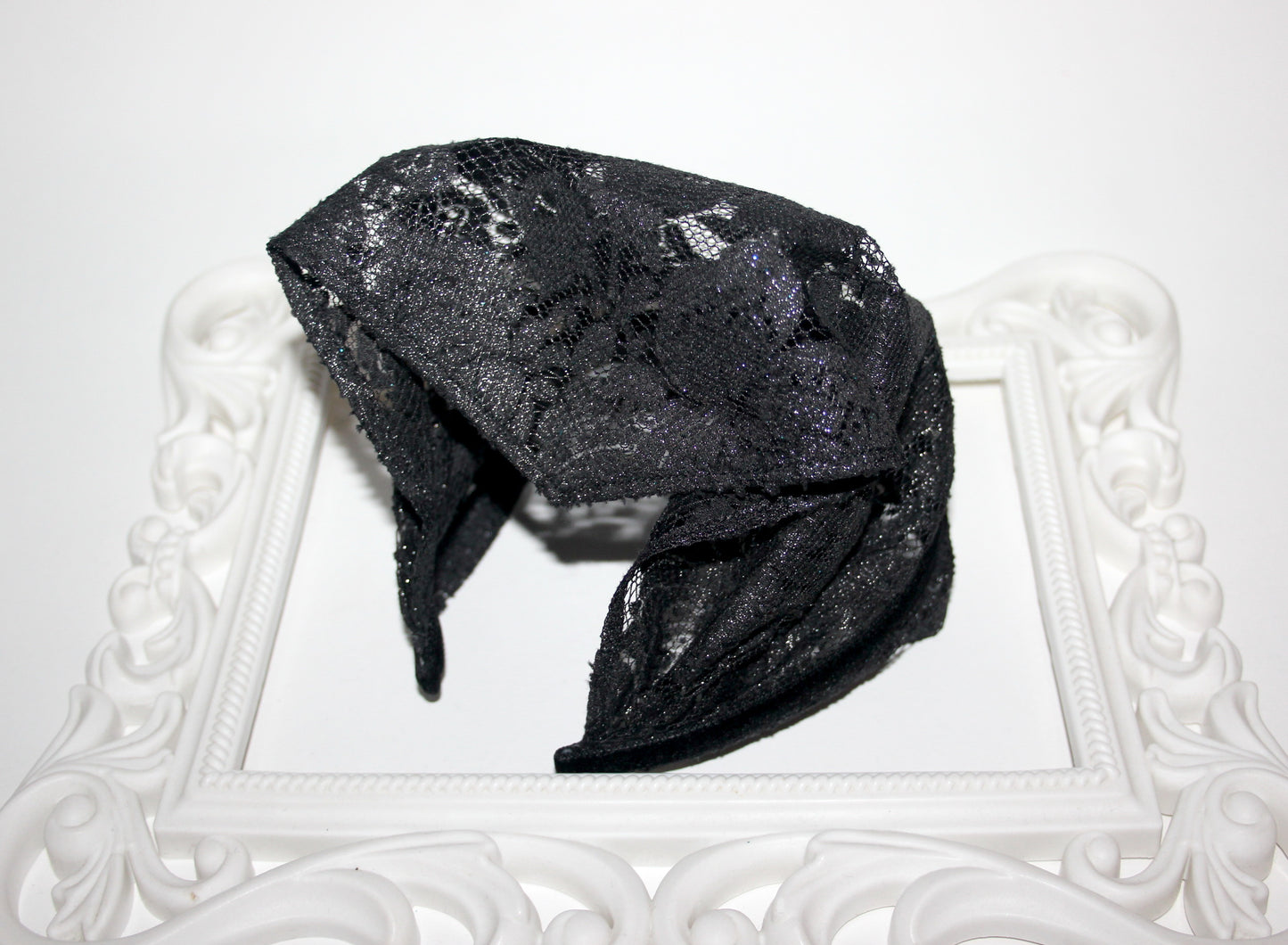 Lace kerchief 7.5"inch Black & Silver chapel little mantilla Christian headcover, plastic free