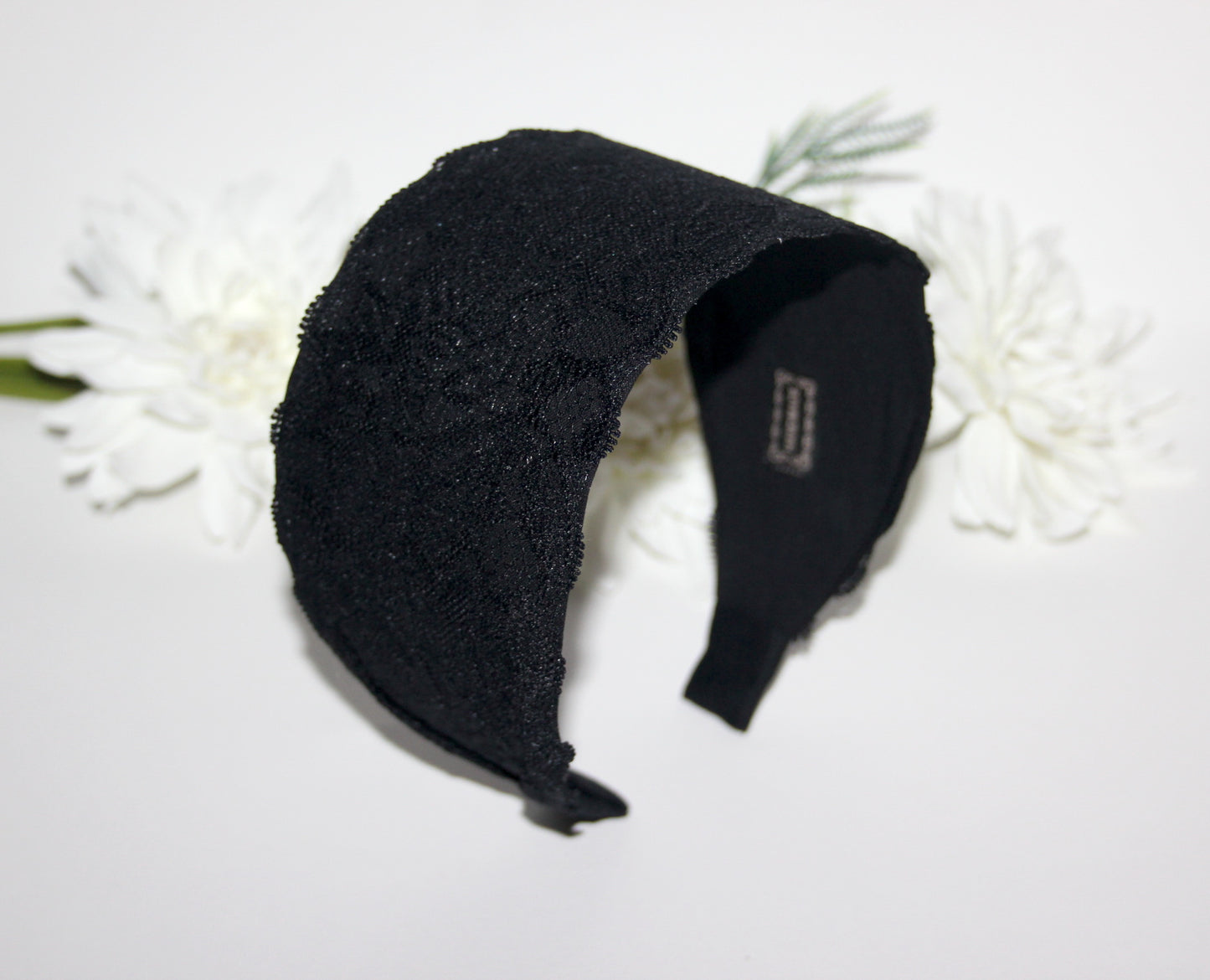 Lace headband for women 3.15" inch Black head covering, wide hairband, plastic free