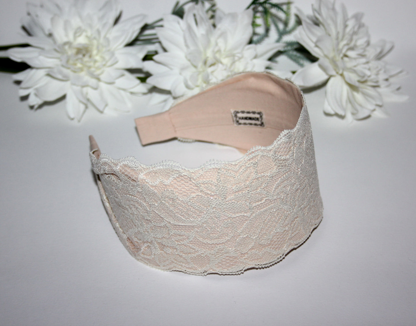 Beige lace headband 3.15" inch Wide head covering Church hairband scarf