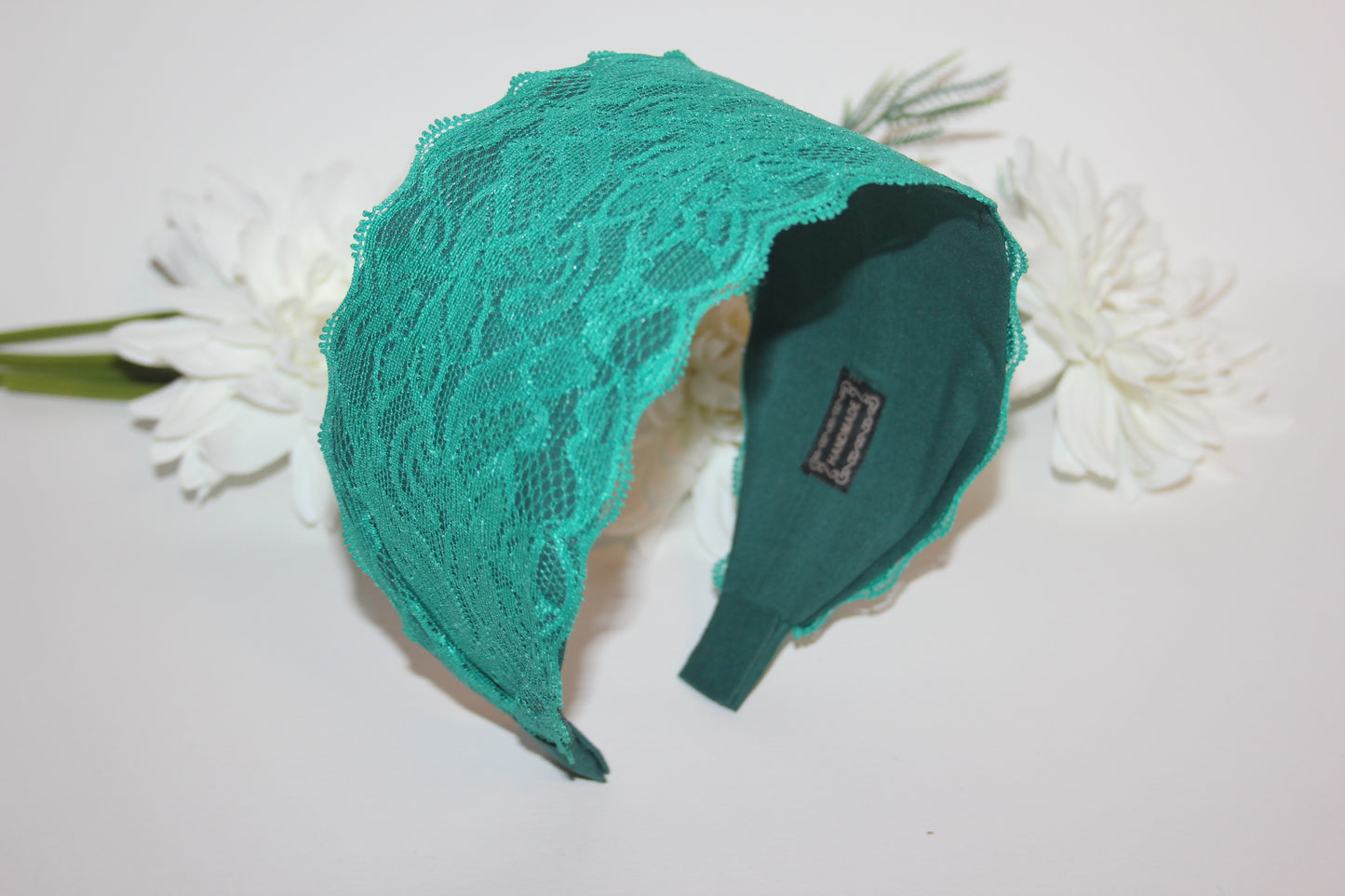 Green headband for women 3.15" inch Lace head covering, wide hairband