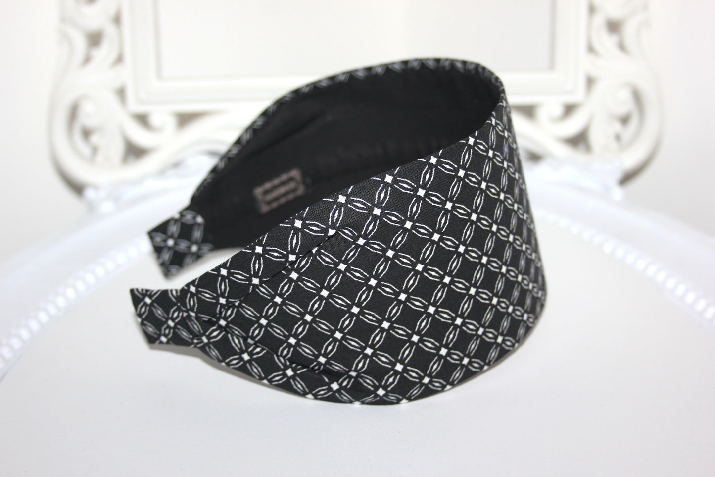 Wide cotton headband for women Black & White block print headwrap