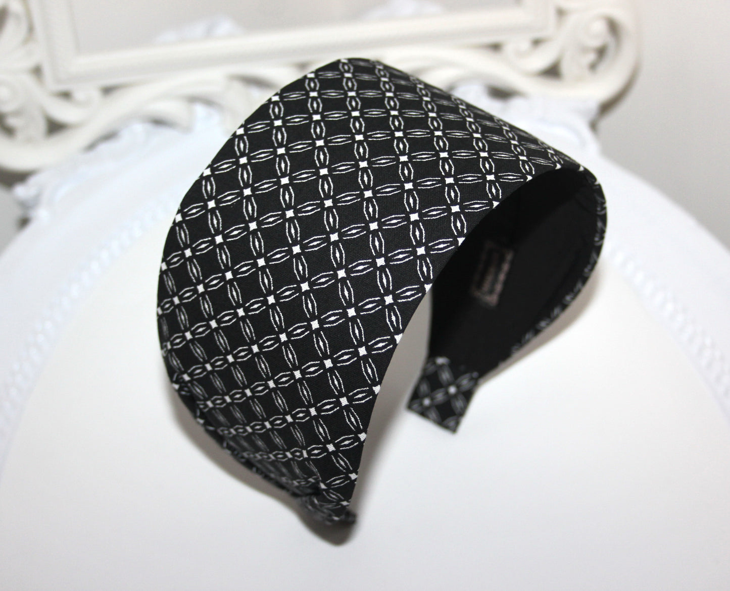 Wide cotton headband for women Black & White block print headwrap
