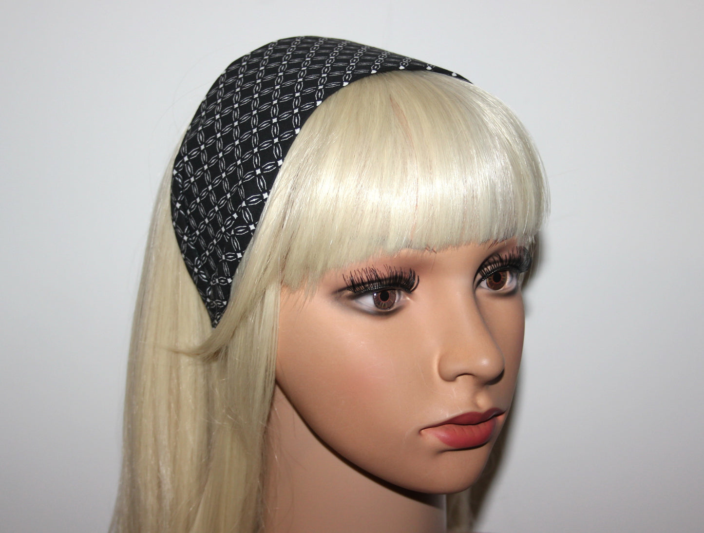 Wide cotton headband for women Black & White block print headwrap