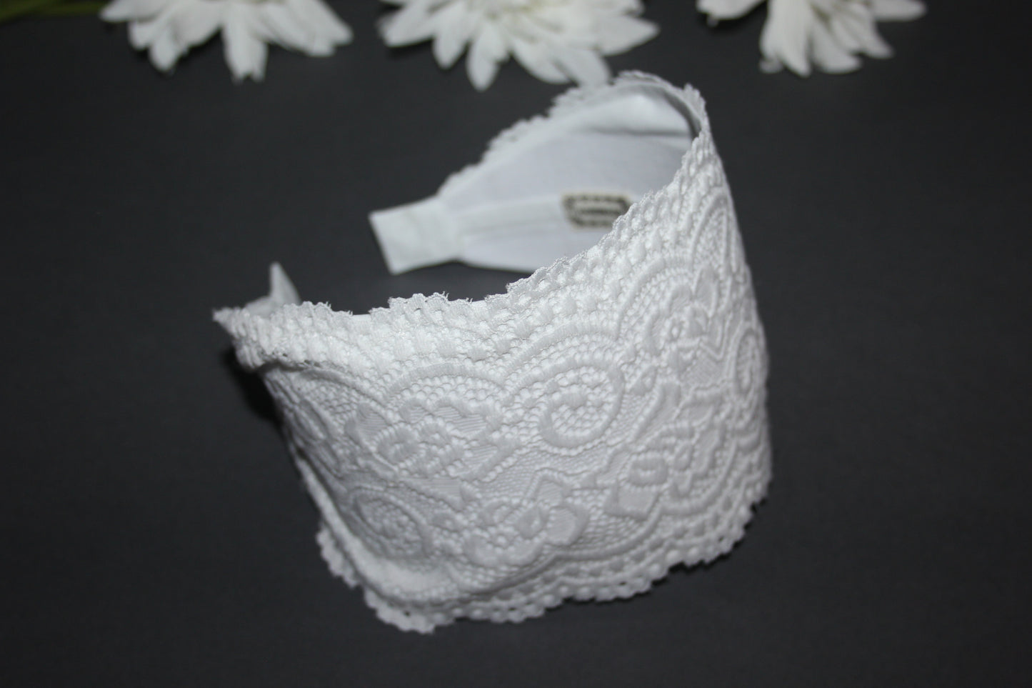 Wide lace headband for women White 4" inch church hairband scarf