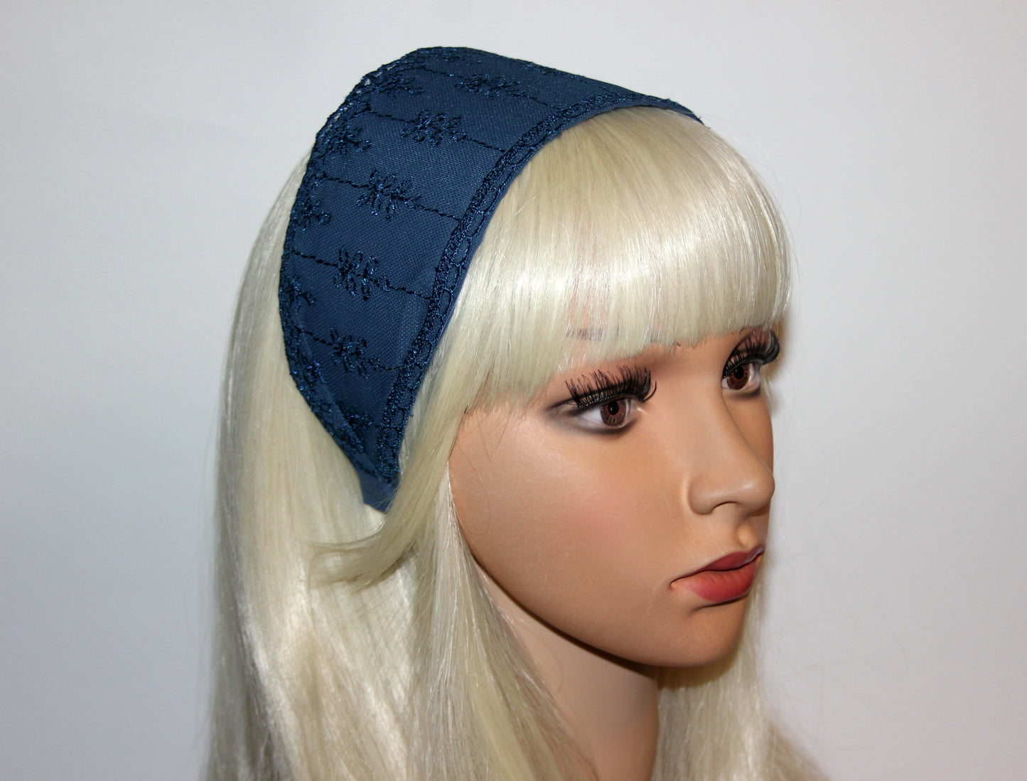 Dark Blue lace headband 3.35" inch Wide lace head covering Structured hairband scarf for women