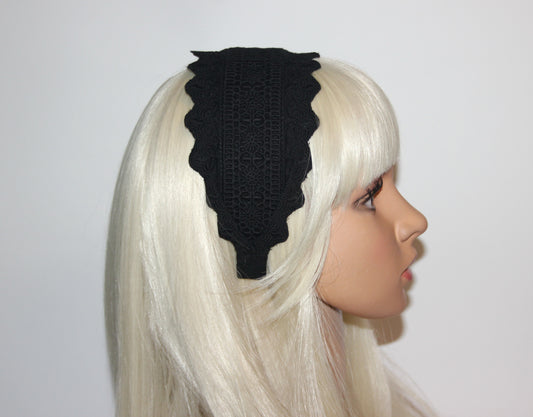 Embroidery cotton headband 3.5" inch Black wide hairband, Eyelet ribbon headcover