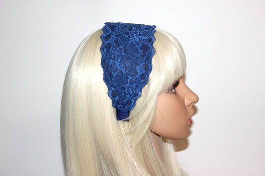 Dark Blue headband 3.15" inch Wide lace head covering Church hairband scarf