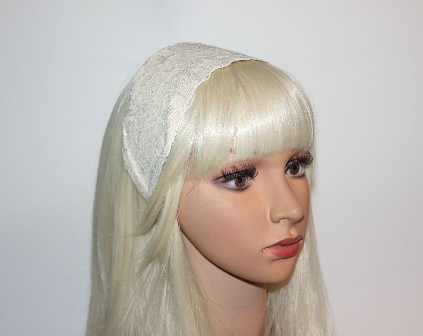 Beige lace headband 3.15" inch Wide head covering Church hairband scarf