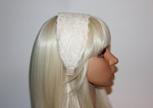 Beige lace headband 3.15" inch Wide head covering Church hairband scarf